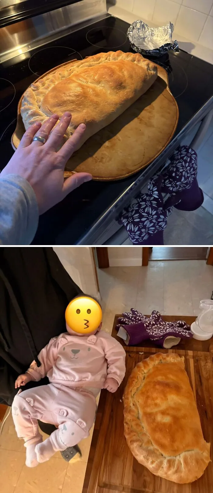 Calzone de 8 kilos que ha hecho mi esposa. Bebé para comparar