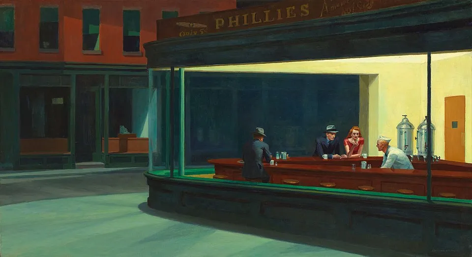 Nighthawks painting by artist Edward Hopper showing people sitting in a brightly lit urban diner at night.