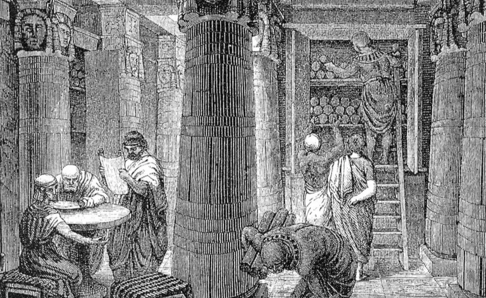 Ancient library of Alexandria interior with people reading scrolls and shelves filled with ancient manuscripts.