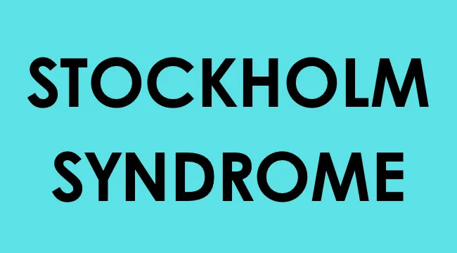 Bold black text reading Stockholm Syndrome on a turquoise background relating to a bank robbery origin term.