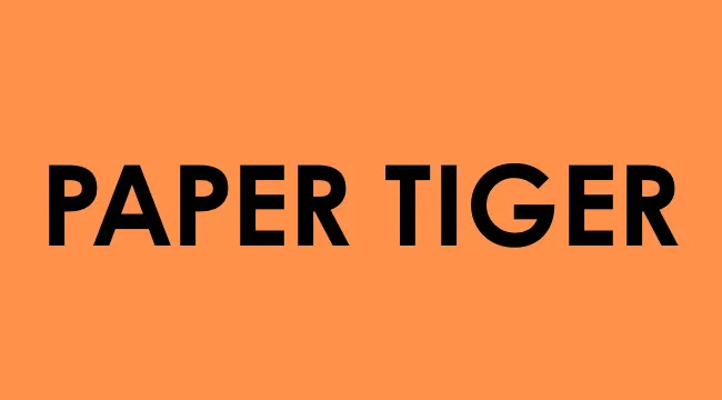 Bold black text saying paper tiger on a bright orange background illustrating the term paper tiger concept.