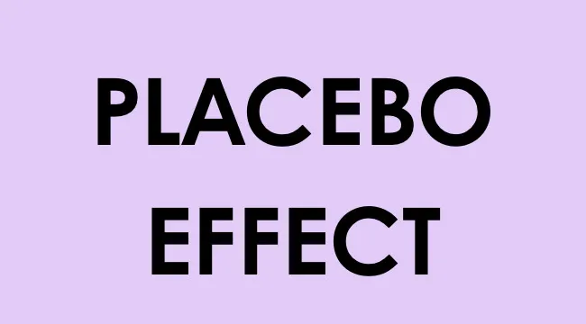 Text displaying placebo effect in bold black letters on a light purple background related to placebo effect studies.