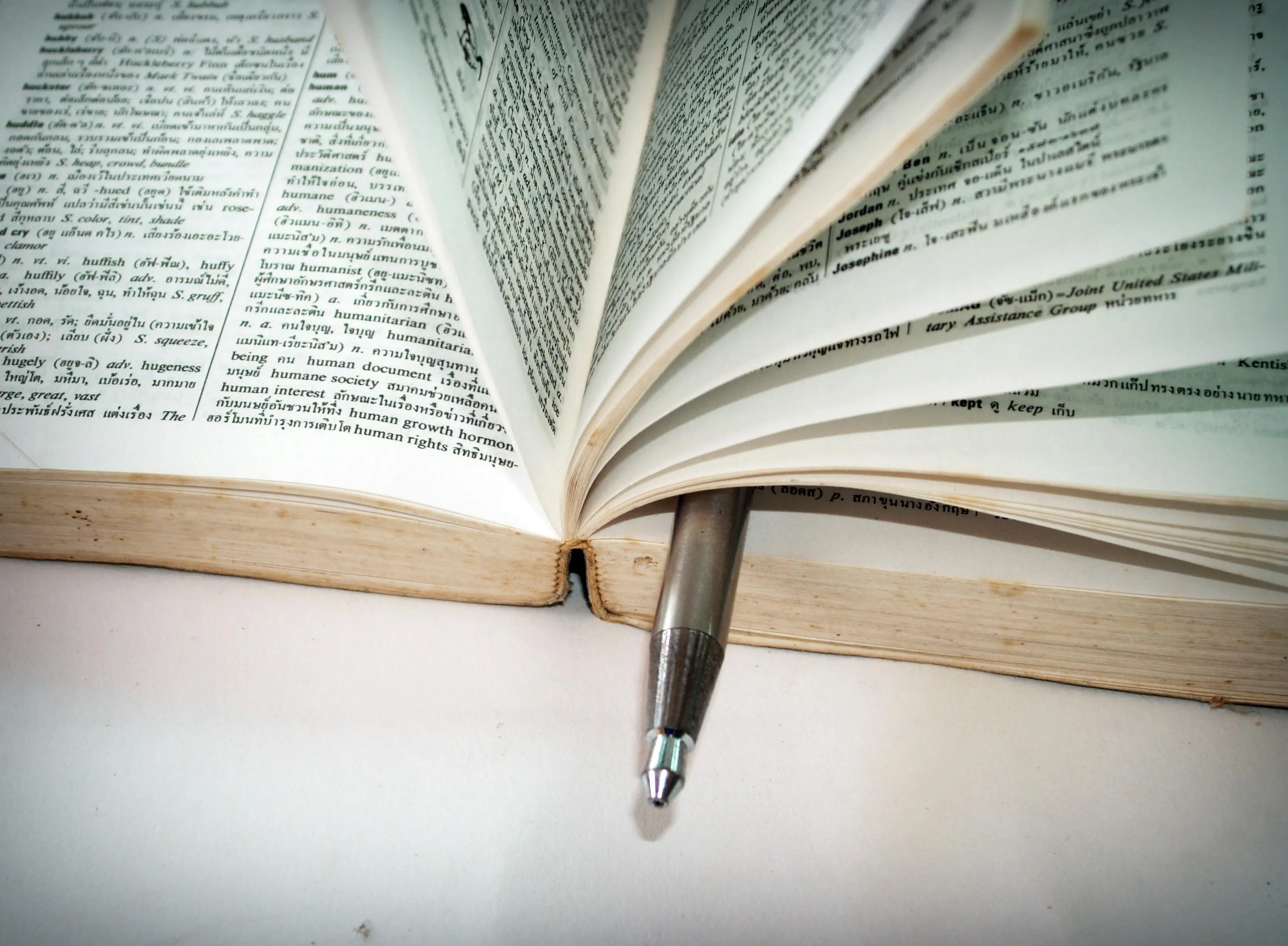 Open book with pages fanned out and a pen placed in the middle, representing language and study related to Old Norse.