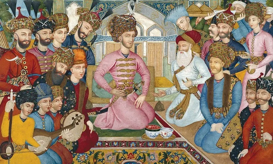 Persian royalty and courtiers in traditional clothing gathered in a historic palace, representing the country formerly known as Persia.