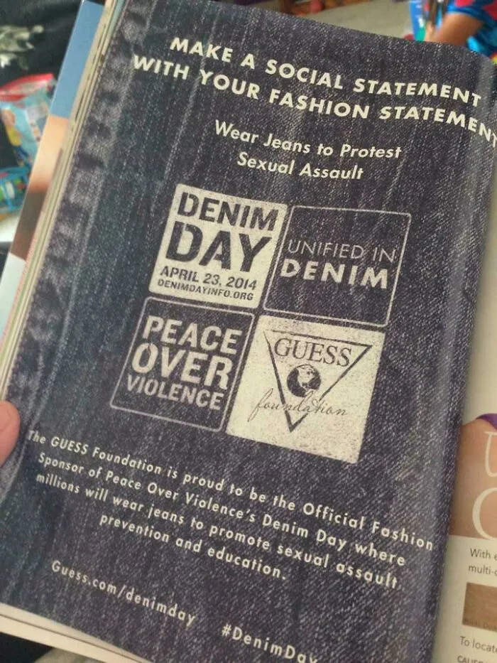 Denim Day fashion statement promoting social awareness against sexual assault highlights consumerism’s impact.