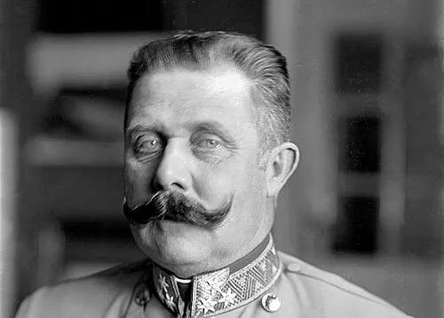 Portrait of Archduke Franz Ferdinand in military uniform, related to the 50-50 questions triggered by his assassination.
