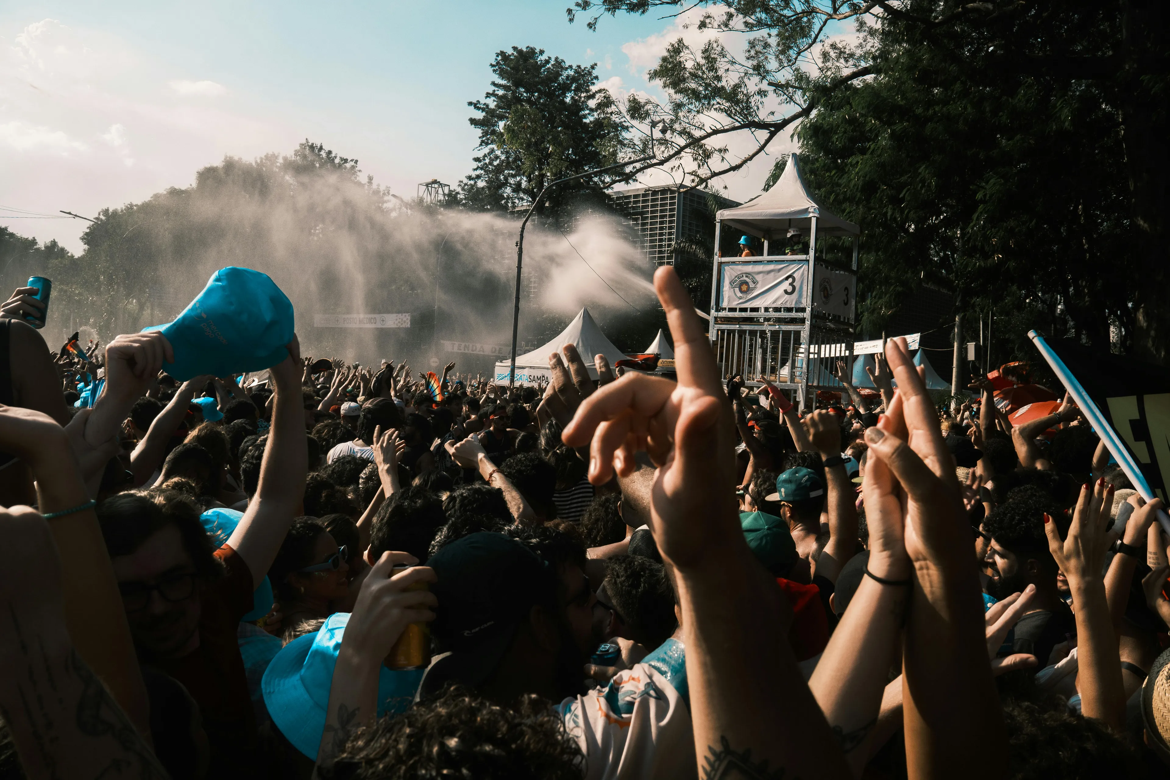 Large crowd at an outdoor event with hands raised, illustrating the social influence effect in group behavior.