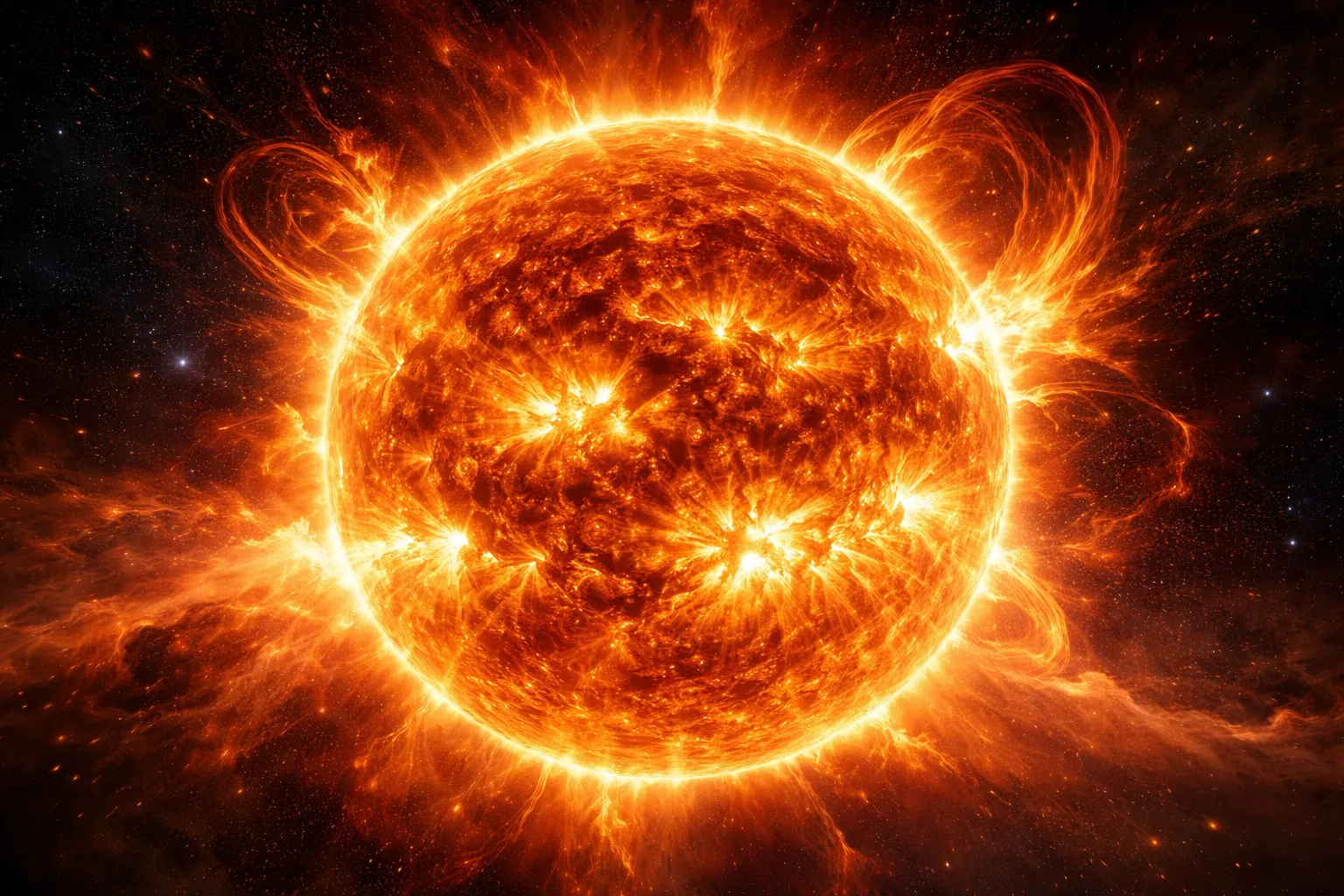 Close-up of the sun with fiery solar flares illustrating the mythological figure who flew too close to the sun concept.