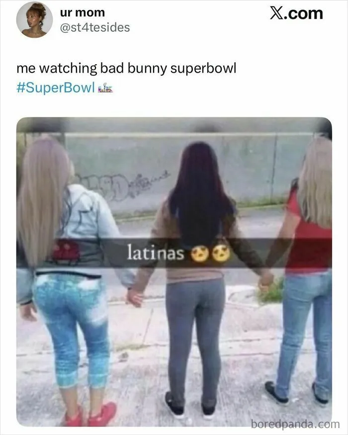Meme showing three women holding hands with text about watching Bad Bunny at the Super Bowl, a popular halftime show reaction.