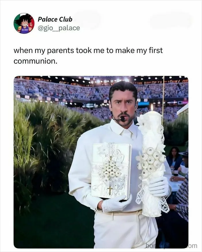 Man in white outfit holding a decorated candle and book, a humorous reaction meme to Super Bowl Lx halftime show.