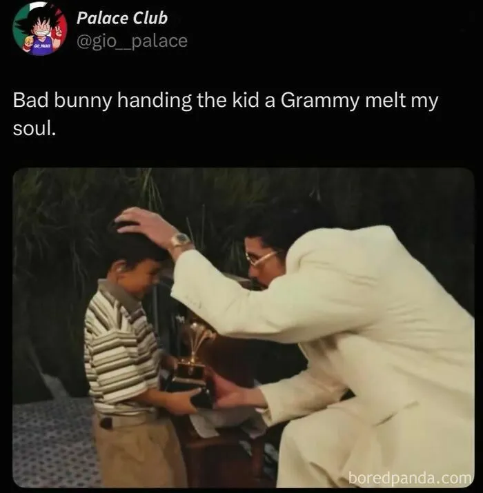 Man dressed as Bad Bunny handing a Grammy to a kid, featured in reactions and memes to Super Bowl Lx halftime show.