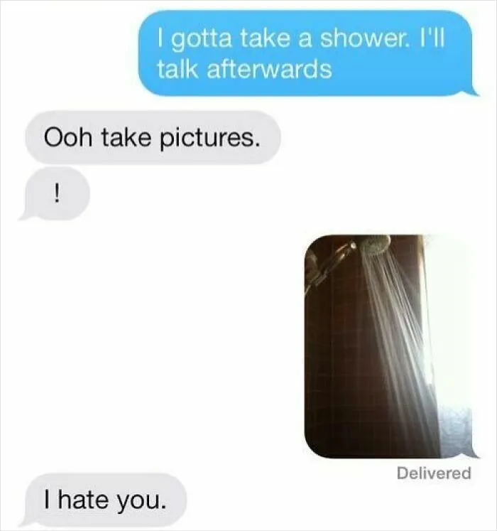 Hilarious text screenshot showing a funny conversation about taking pictures while in the shower with a shower photo included.