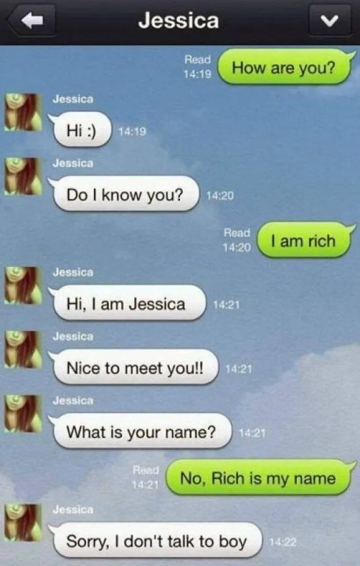 Chat conversation screenshot showing a humorous exchange from hilarious text screenshots that might make you laugh today.