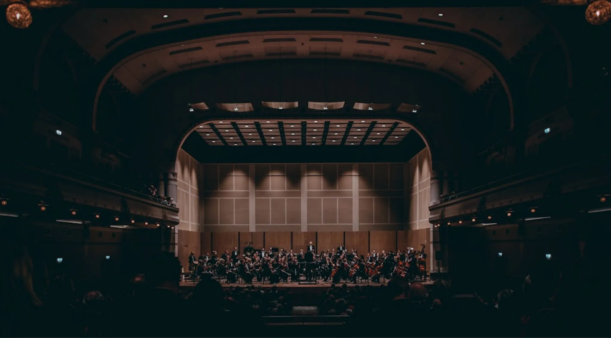 Orchestra performing a musical piece featuring a solo instrument in a concert hall with audience seating.