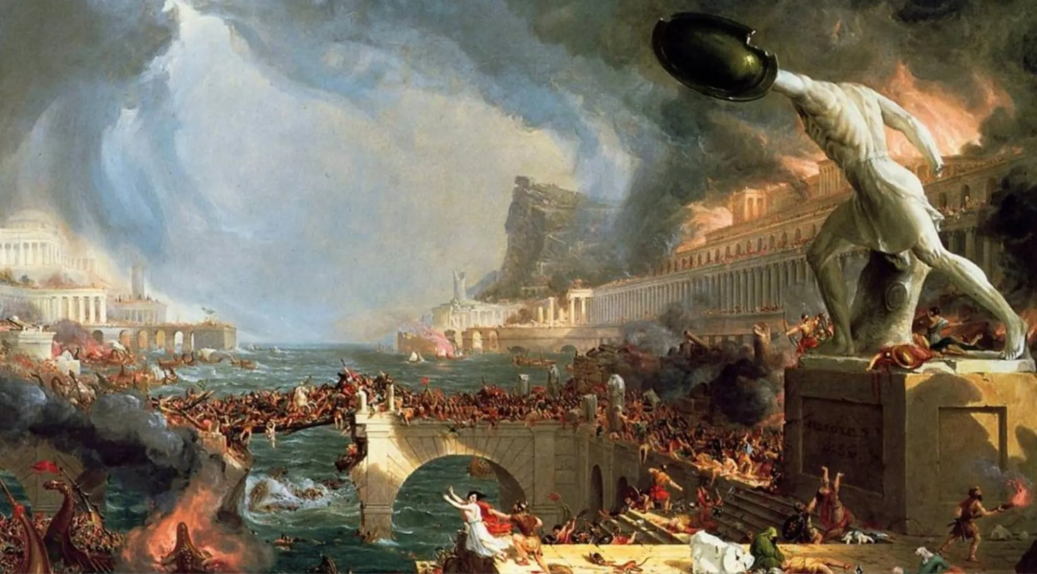 Ancient battle scene depicting chaos and destruction illustrating the primary cause of the fall of the Western Roman Empire.