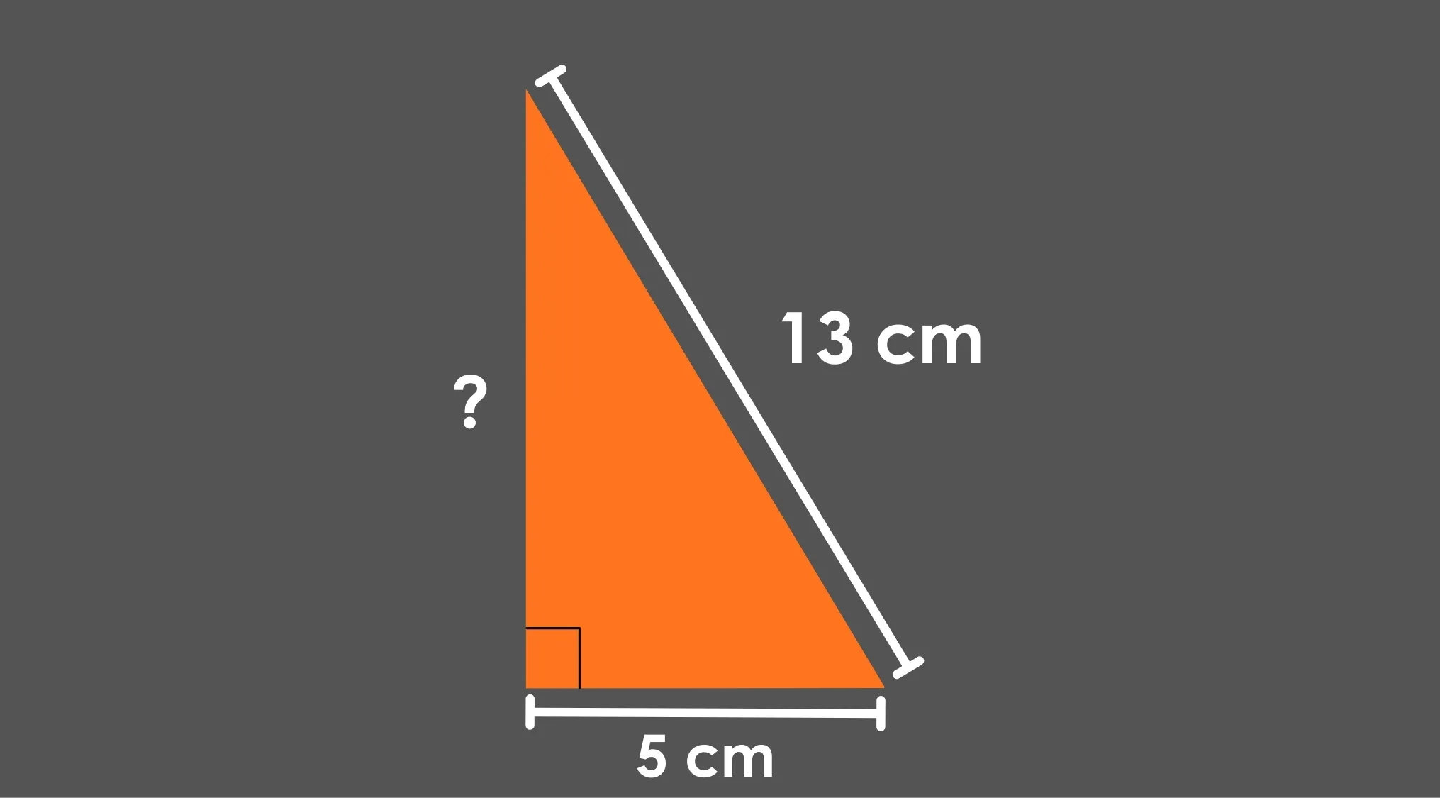 Right triangle with hypotenuse 13 cm and one leg 5 cm, labeled to find the other leg length in math problem.