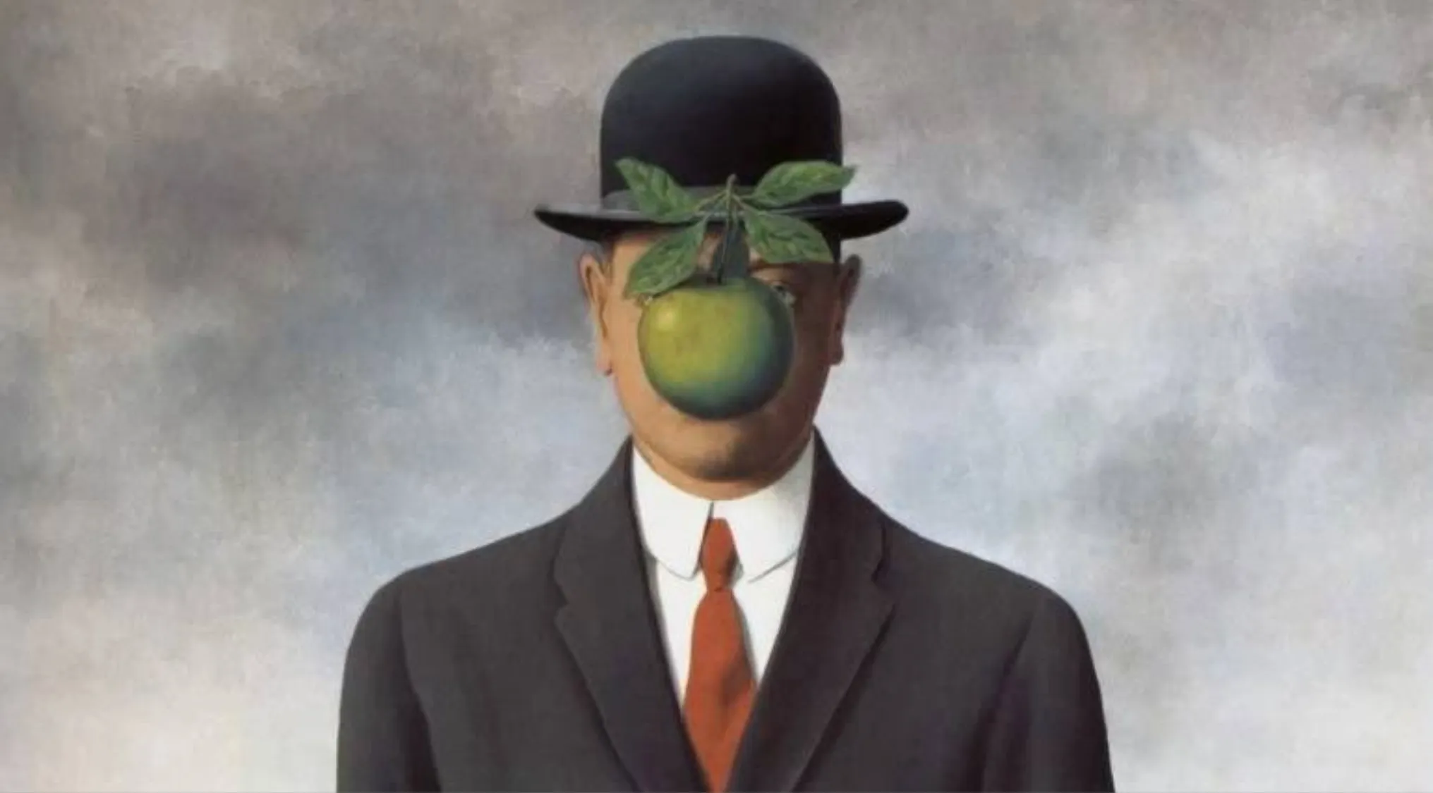 Surrealism painting of a man in a suit and bowler hat with a green apple covering his face against a cloudy background.
