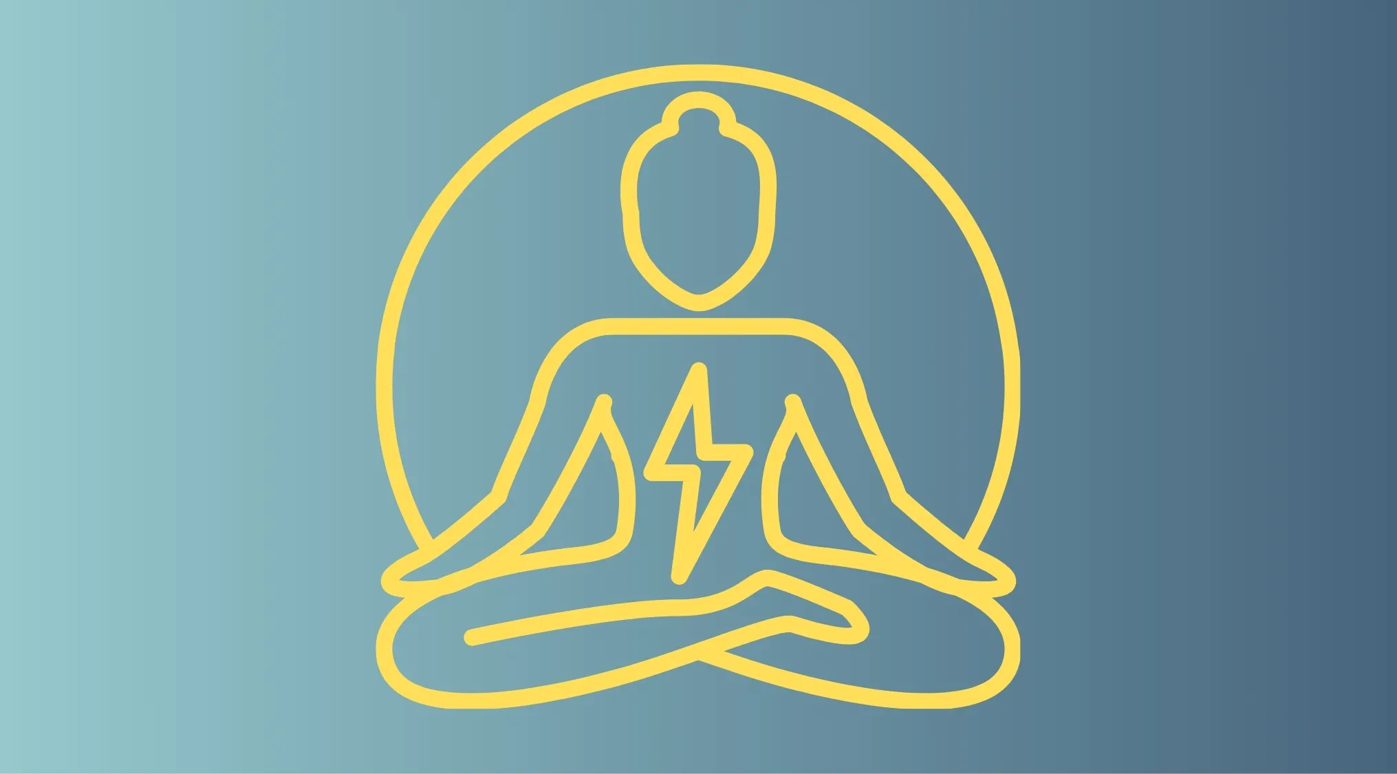 Yellow outline of meditating person with energy symbol inside on blue gradient background representing macronutrient energy source