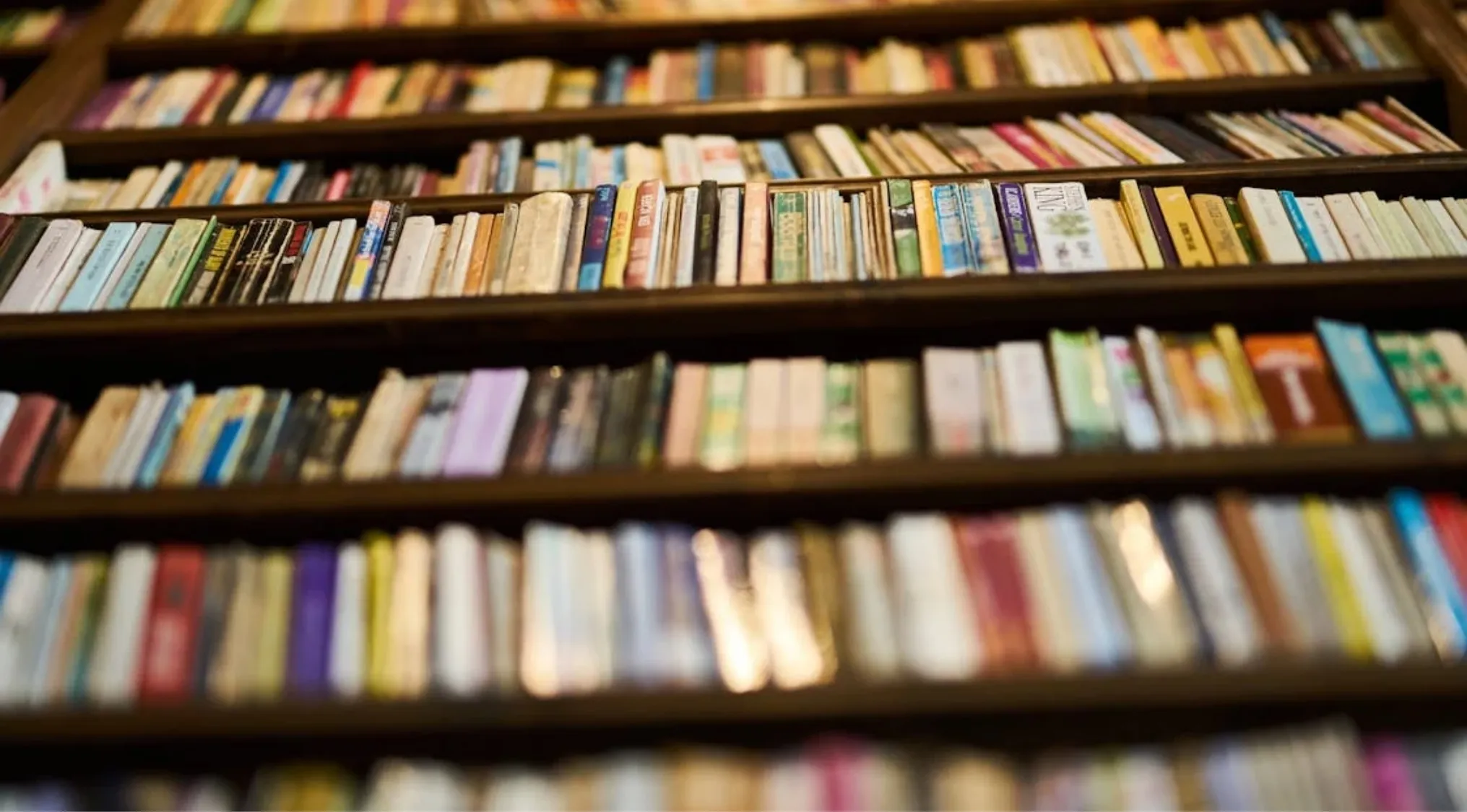 Bookshelves filled with colorful books in a library, focusing on literature featuring Gregor Samsa character.