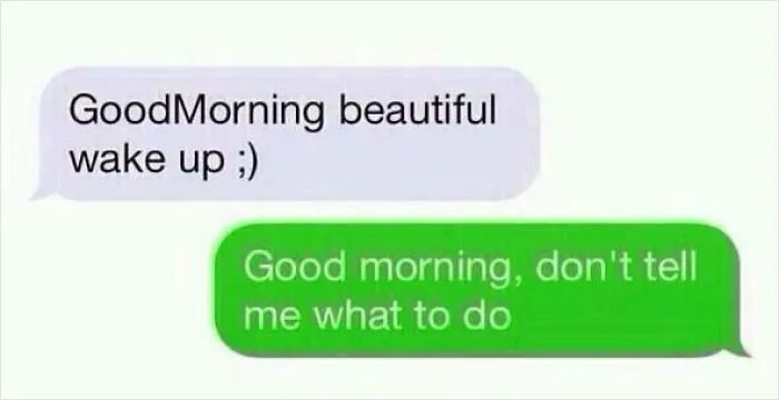 Hilarious text screenshot with a funny morning greeting and a witty reply resisting instructions.