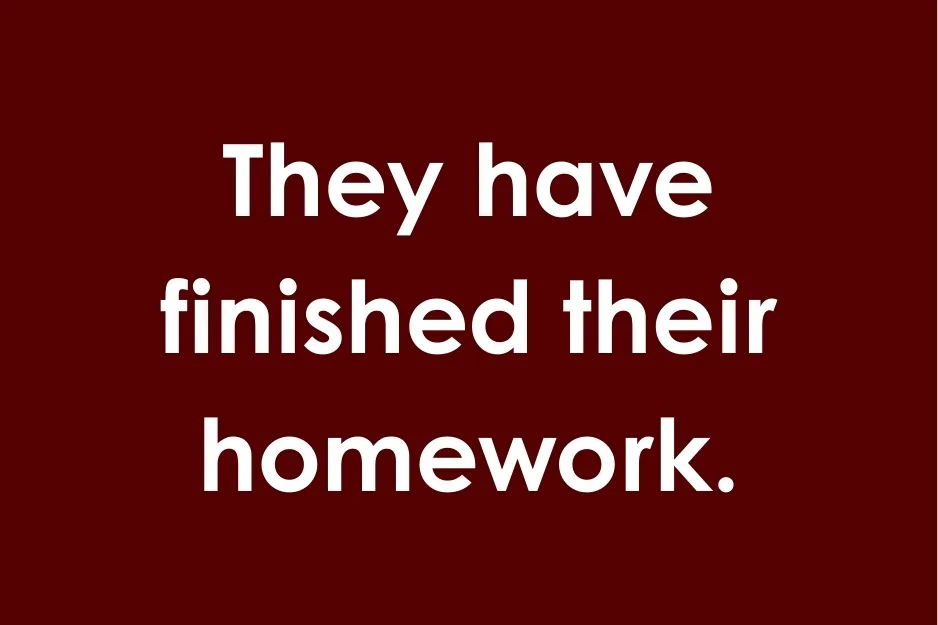 They have finished their homework sentence example showing correct grammar on a dark red background.