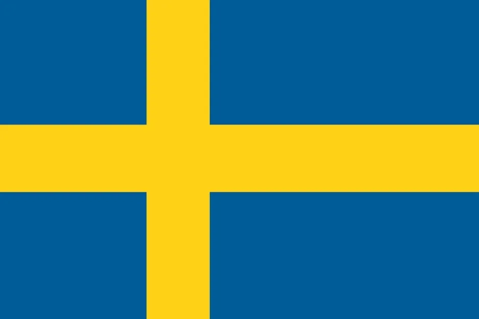Swedish flag with a yellow cross on a blue background, often confused with the Norway flag in geography quizzes.