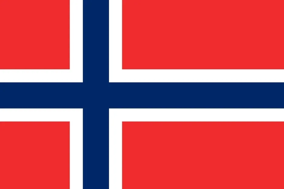 Flag of Norway with a blue cross outlined in white on a red background representing Norway geography quiz.