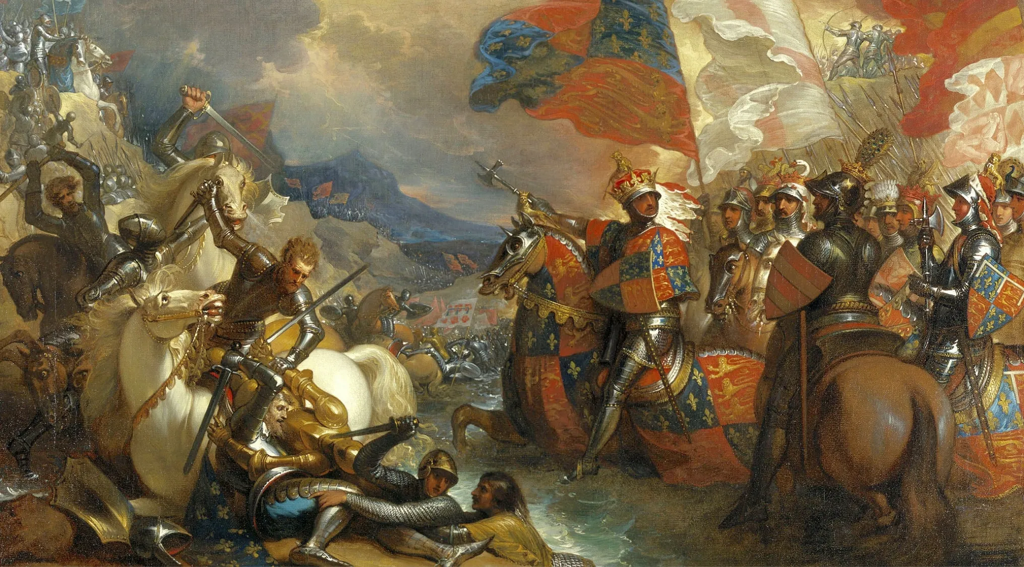 Medieval knights in armor on horseback during a dramatic battle scene from the Hundred Years War era.
