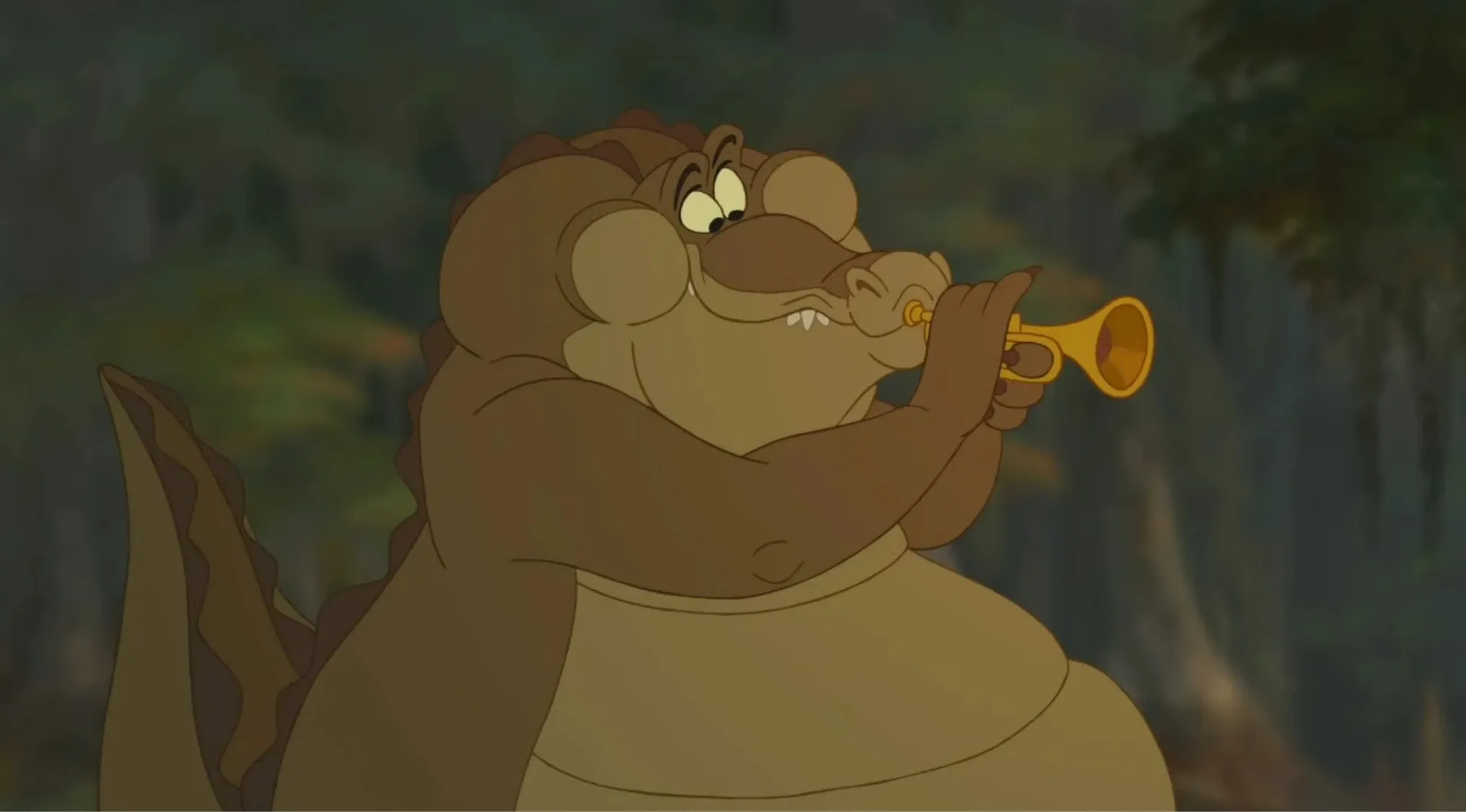 Side character from a movie playing trumpet, animated crocodile in a swamp, guess the movie from the side character