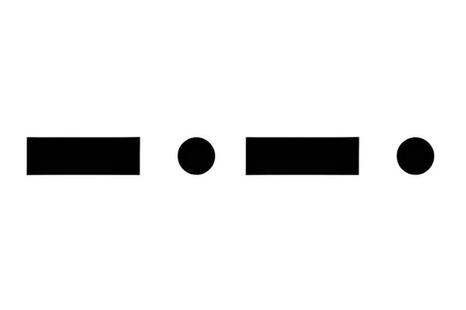 Morse code symbol for letter A shown with a dot in the center between two horizontal dashes on white background