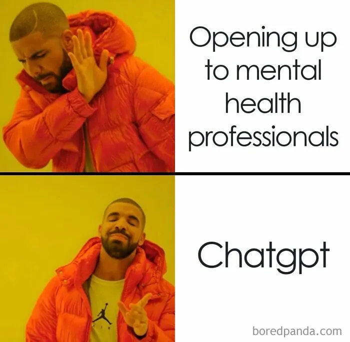 Man in red jacket rejecting opening up to mental health professionals and preferring ChatGPT in healthcare memes.