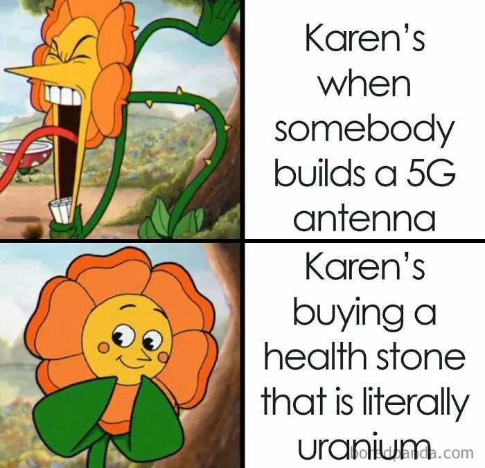 Healthcare meme showing a cartoon flower with angry and happy faces linked to health and 5G antenna humor.