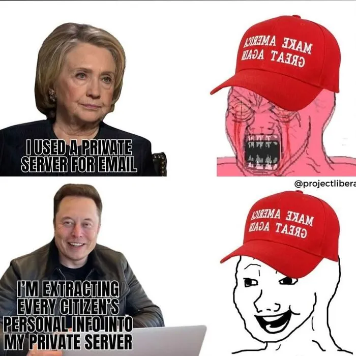 Meme comparing private server use with humorous political characters for funny memes and low energy moments.