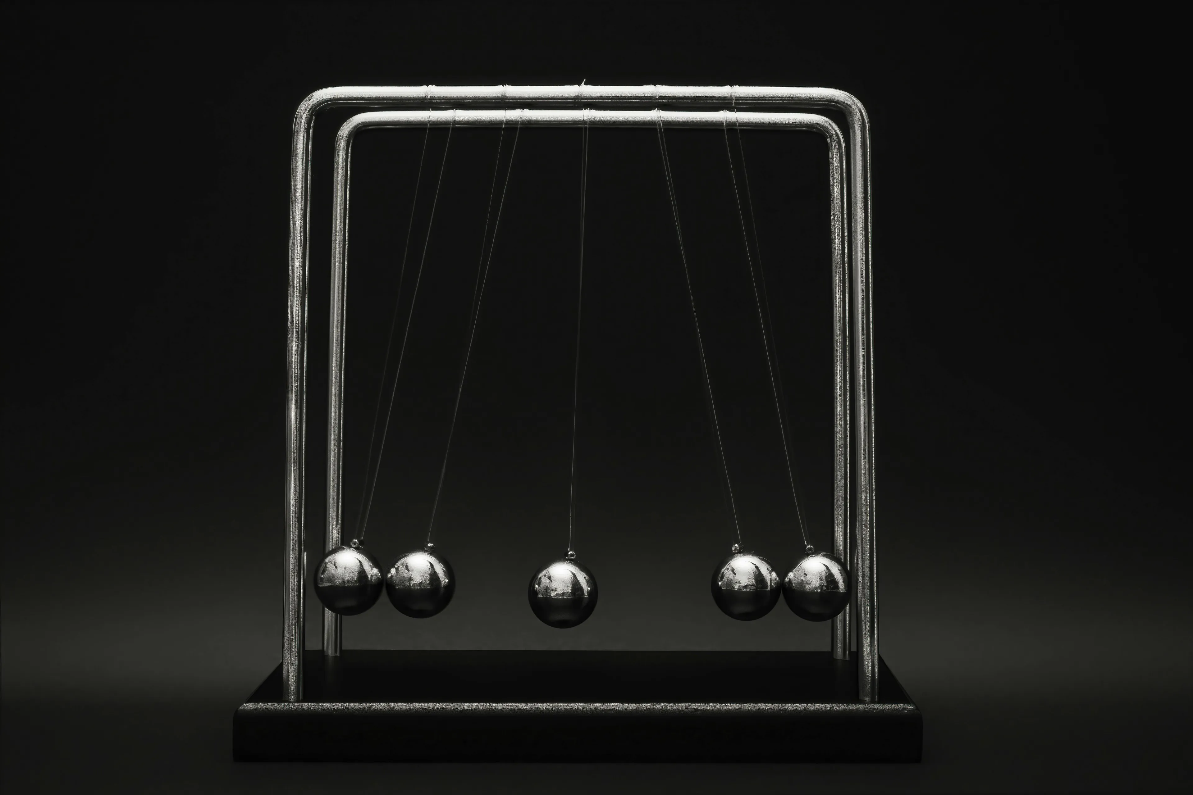 Newton's cradle demonstrating the science law of equal and opposite reaction with metal spheres in motion on black background