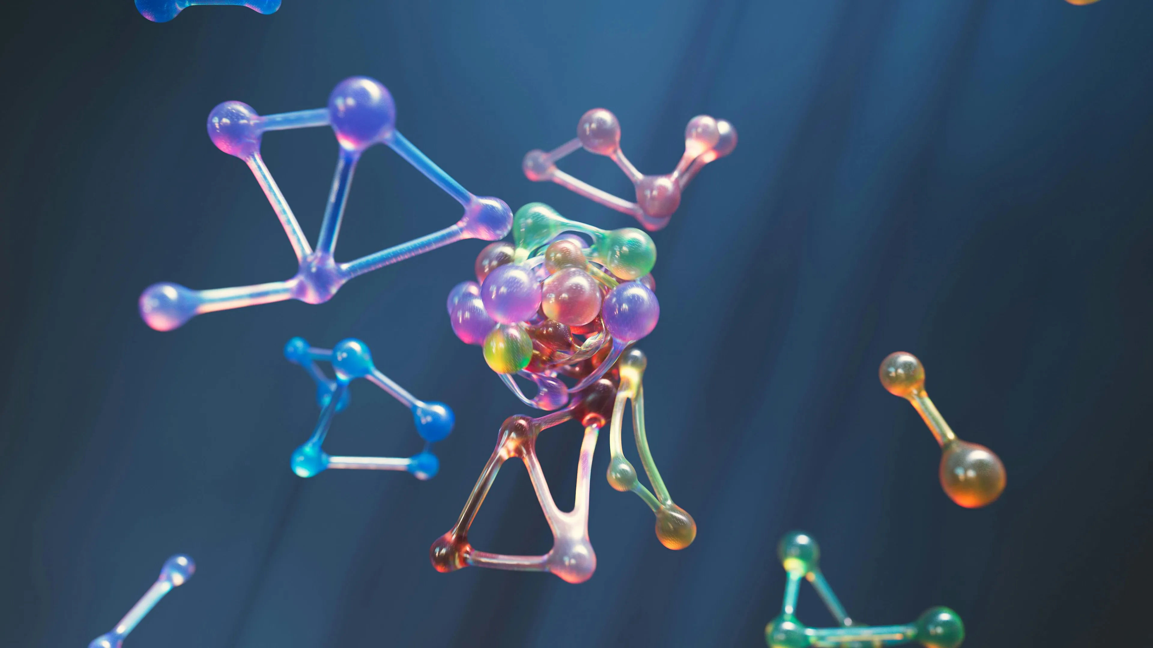 Colorful molecular structures representing the movement of molecules from high concentration to low concentration diffusion