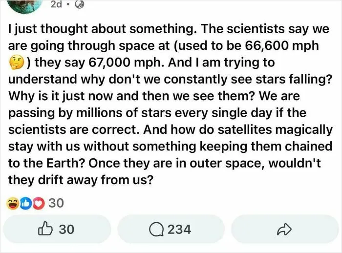 Screenshot of a social media post questioning space travel, stars, and satellites, showing low intelligence in posts.