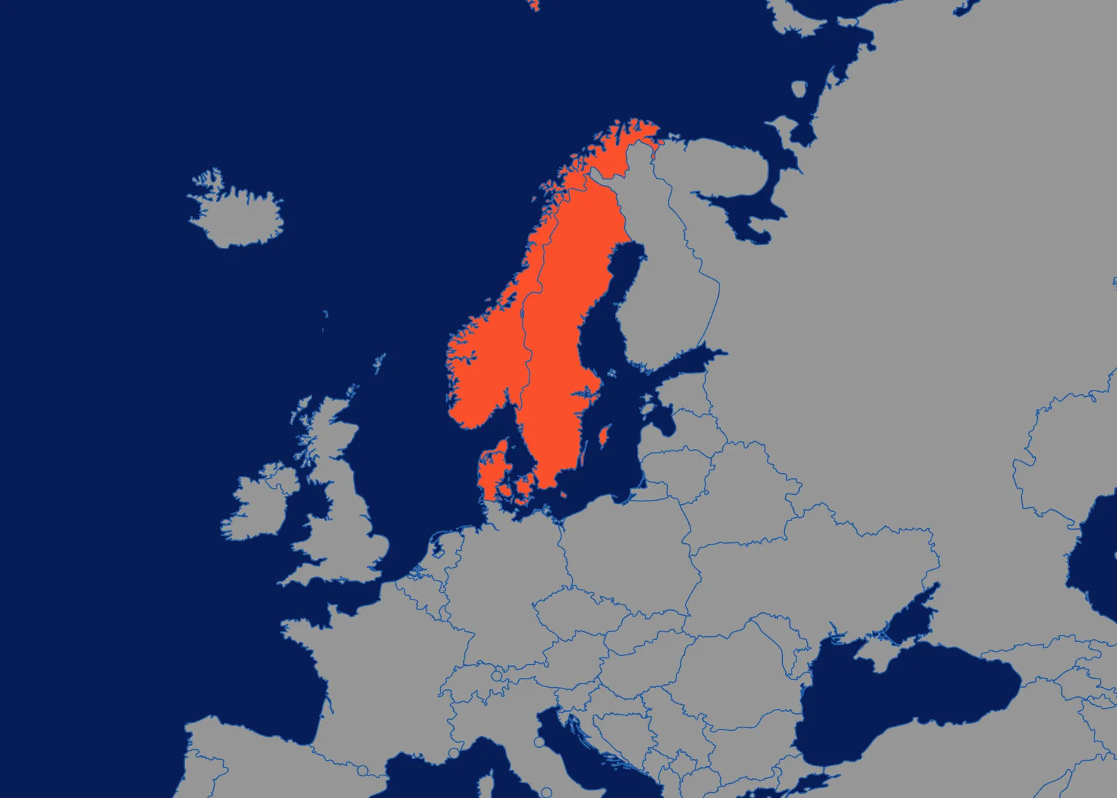Map highlighting Scandinavian countries in orange, focusing on geography quiz and spotting connections between countries.