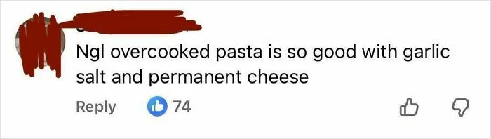 Social media comment about overcooked pasta with garlic salt and permanent cheese, illustrating dumb posts.