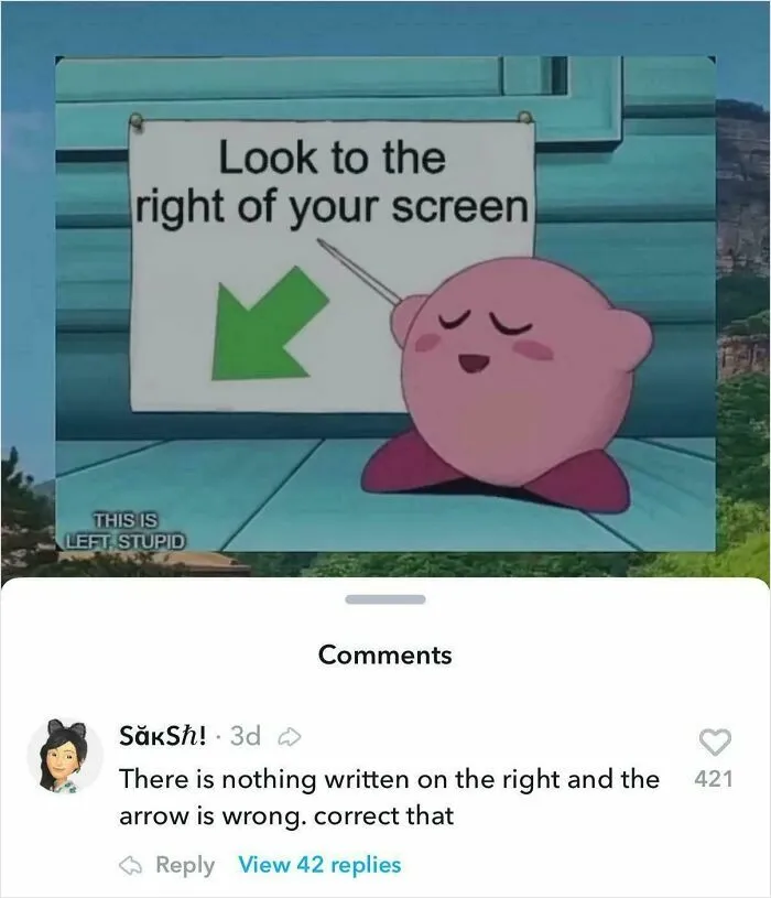 Cartoon character pointing at a confusing sign with a wrong arrow direction, illustrating people so dumb online posts.