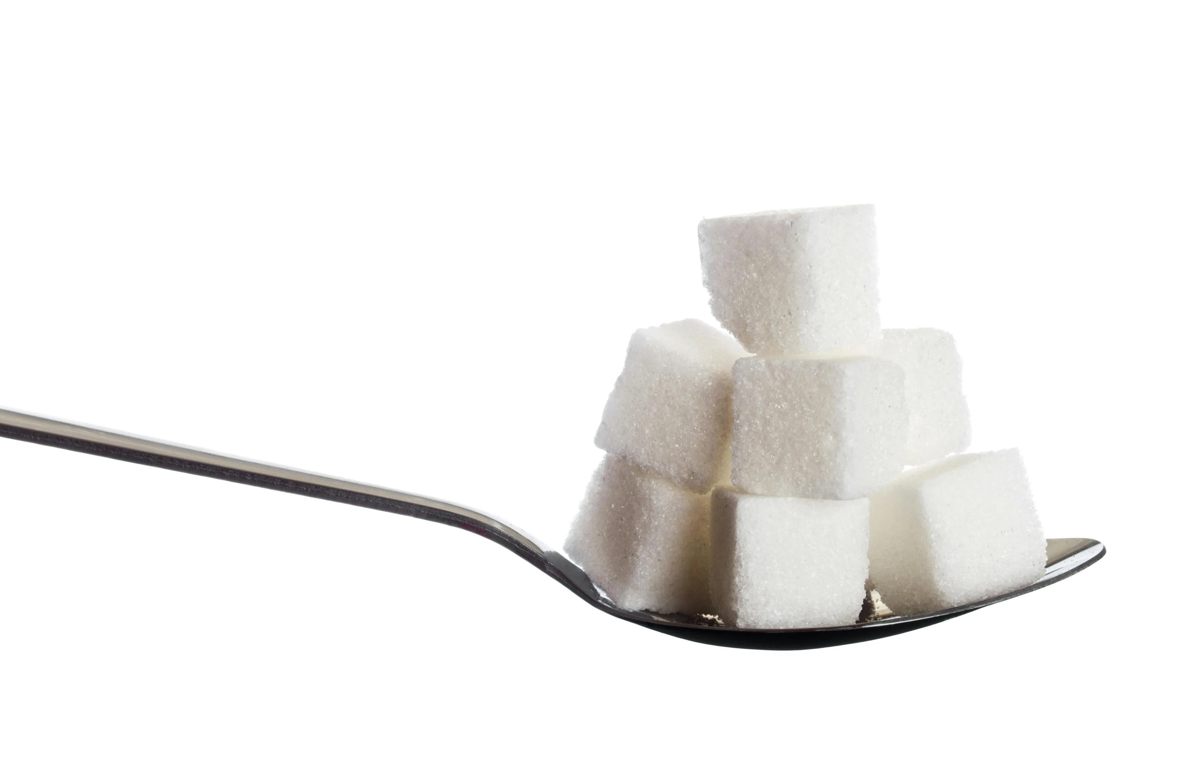 Sugar cubes stacked on a spoon illustrating the science general knowledge factor affecting dissolution rate in hot tea.