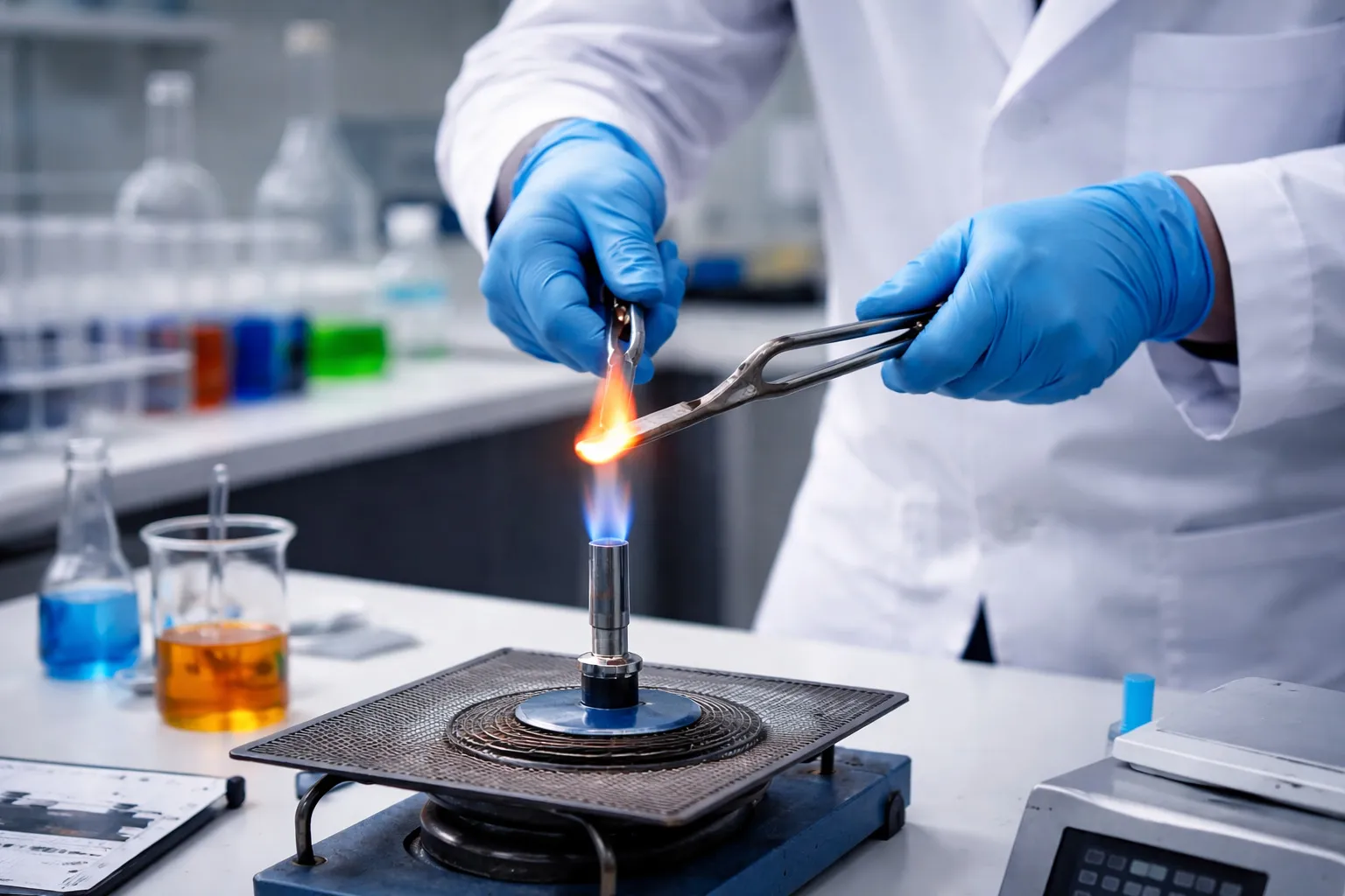 Scientist heating a metal rod in a lab demonstrating thermal expansion property of matter with blue gloves and lab coat.