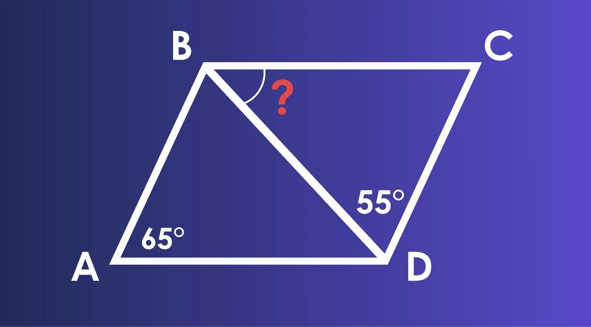 Parallelogram ABCD with diagonal BD and marked angles 65° at A and 55° at D, asking for angle CBD measure.