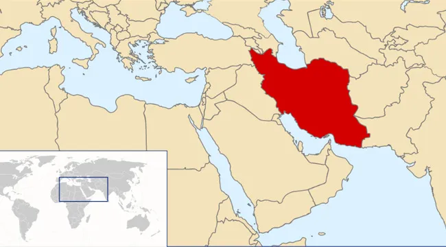 Map showing the country formerly known as Persia highlighted in red in the Middle East region.