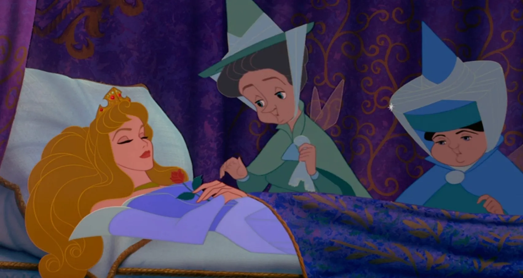 Sleeping Beauty asleep in bed with fairies nearby, related to Who Wants To Be A Millionaire $7,000 question.