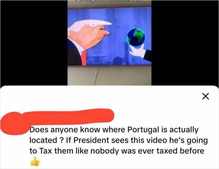 Cartoon of a man holding Earth with a comment asking where Portugal is, highlighting a major geography fail online.