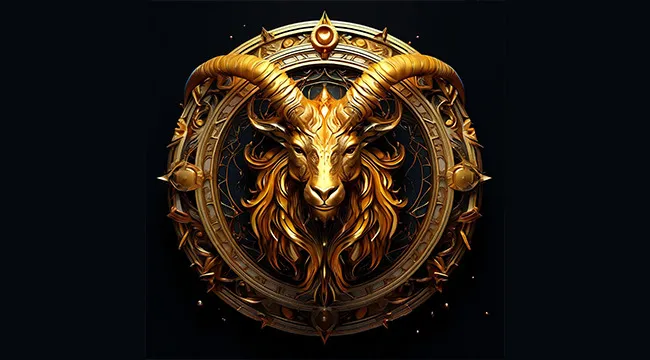 Golden Capricorn zodiac sign with detailed ram horns and ornate circular design on black background for astrology.