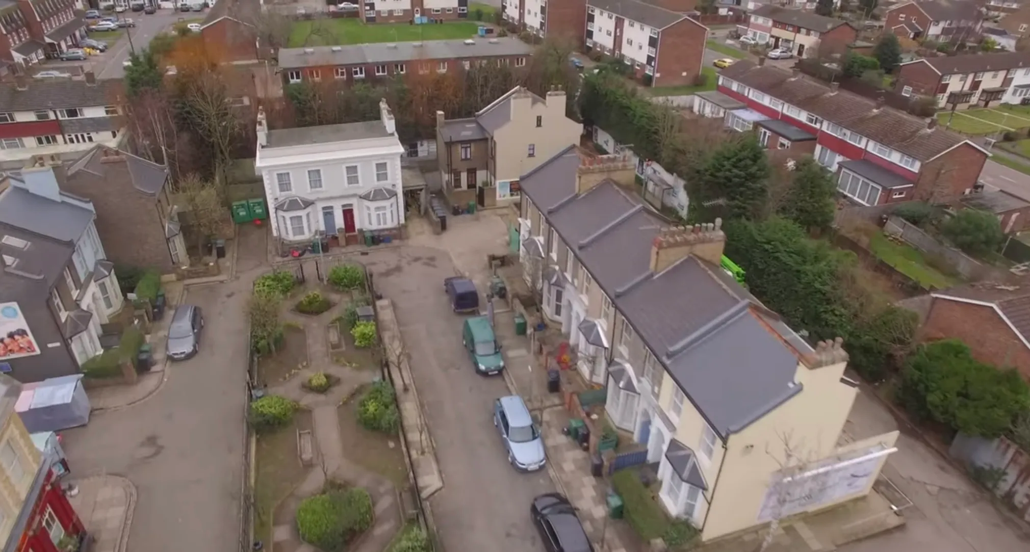 Aerial view of the fictional Albert Square street and houses from the popular 80s and 90s soap opera.
