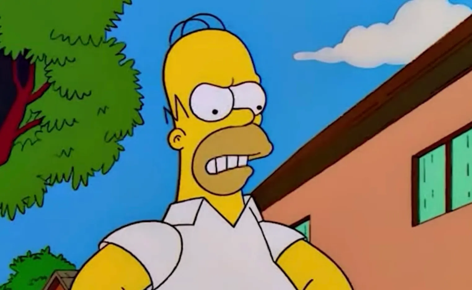 Homer Simpson frowning outside in a white shirt from the 80s and 90s TV show The Simpsons boss character trivia