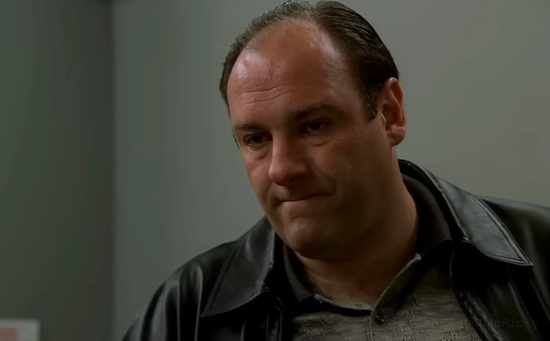 Tony Soprano from The Sopranos wearing a black leather jacket, looking thoughtful while balancing family and crime life.