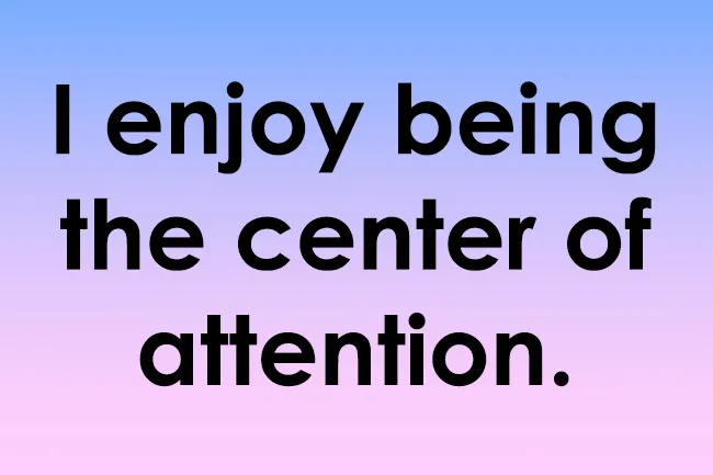 Statement on narcissism scale reading I enjoy being the center of attention in bold text on blue to pink gradient background.